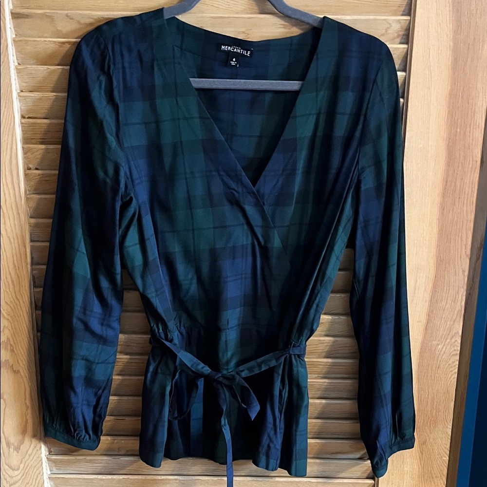 J. Crew Factory Green and Black Plaid Wrap Blouse